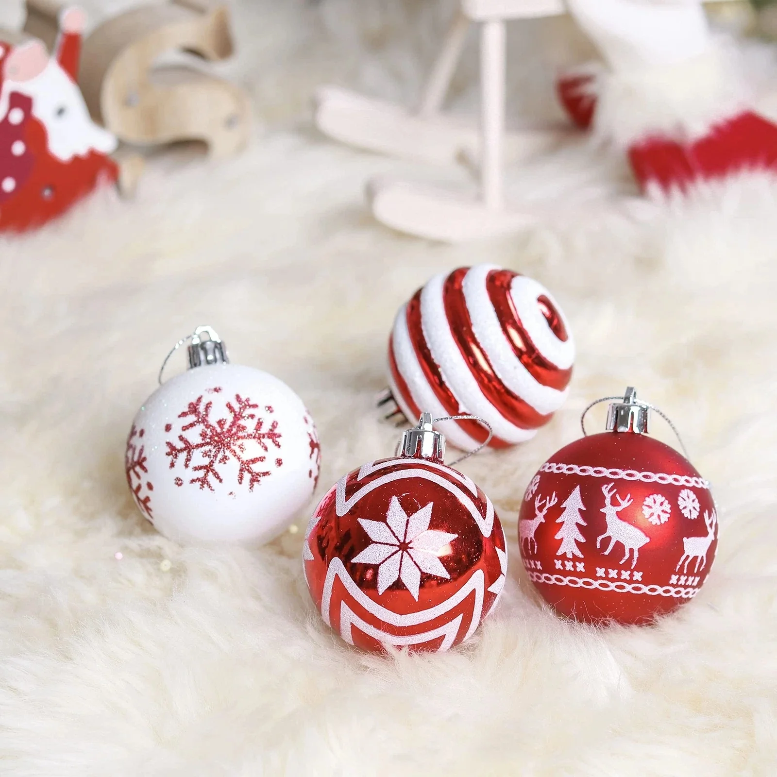 24Pcs Christmas Ball Ornaments,Red and White Christmas Ornaments for Tree Pre Strung Plastic Xmas Tree Decorations view 6