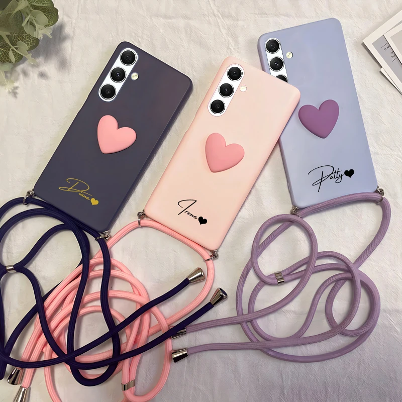 Personalized Custom Name 3D Love heart Strap Case For Samsung galaxy A53 A52 A54 A34 A14 A33 A13 A23 A12 A52S 5G A71 A51 A70 A50