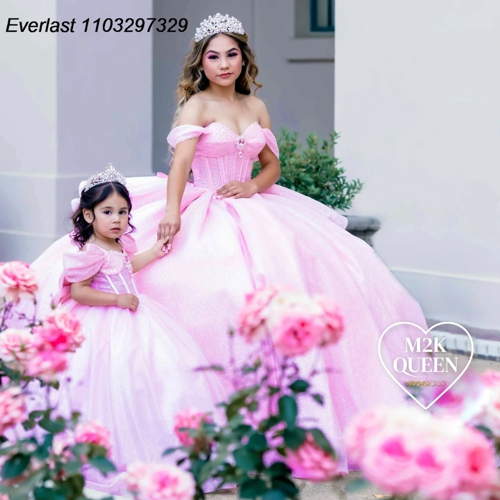 Evlast mexikanische rosa Quince anera Kleid Ballkleid von der Schulter Applikation Perlen Diamanten Korsett süß 16 vestido de 15 Anos tqd915