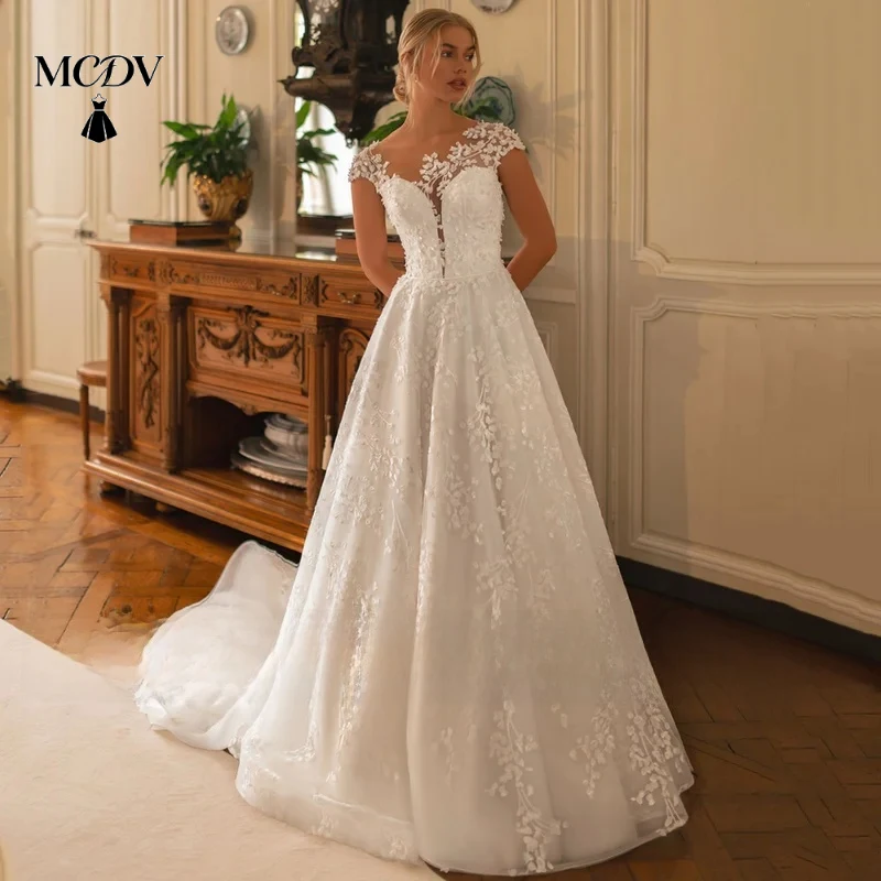

MCDV Exquisite Lace Wedding Dress Cap Sleeve Scoop Neck Illusion Back Zipper with Buttons Court Train Bridal Dresses for Women