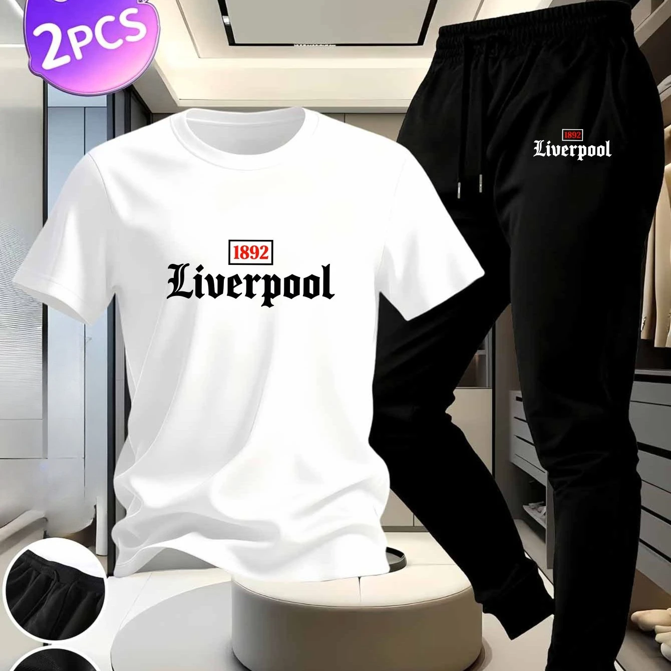 

Two-piece sports outfit: white cotton t-shirt and black trousers with 1892 logo print. Suitable for casual home and fitness wear