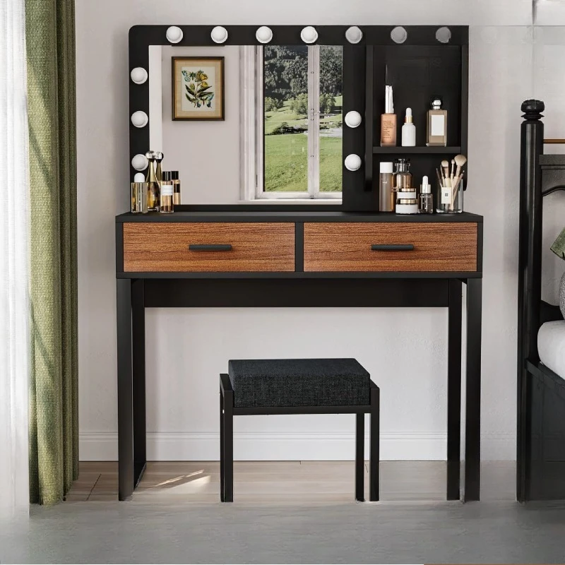 Studio dressing table storage cabinet integrated with stool professional makeup artist
