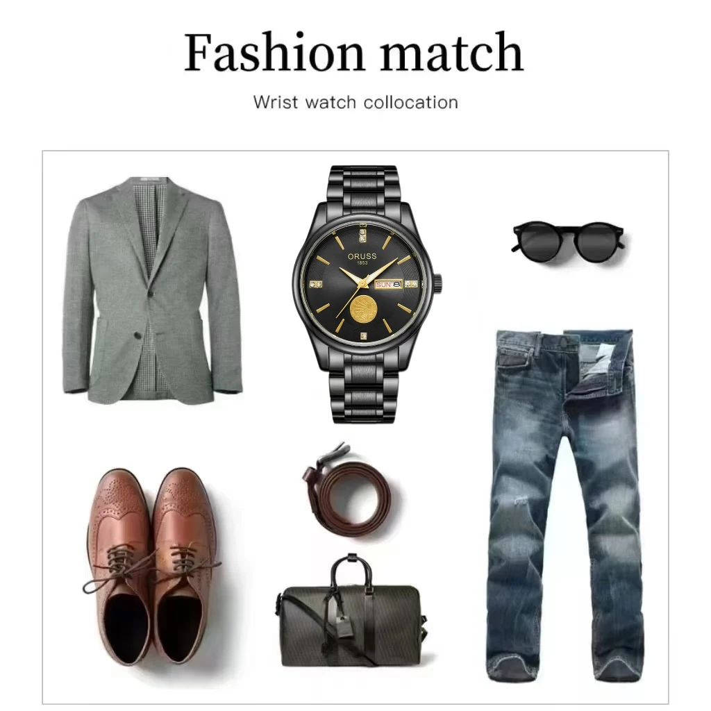 ORUSS Original High-end Luxury  Men's Watch Business  Wristwatches Stainless Steel Waterproof Quartz  Luminous Watch for Man