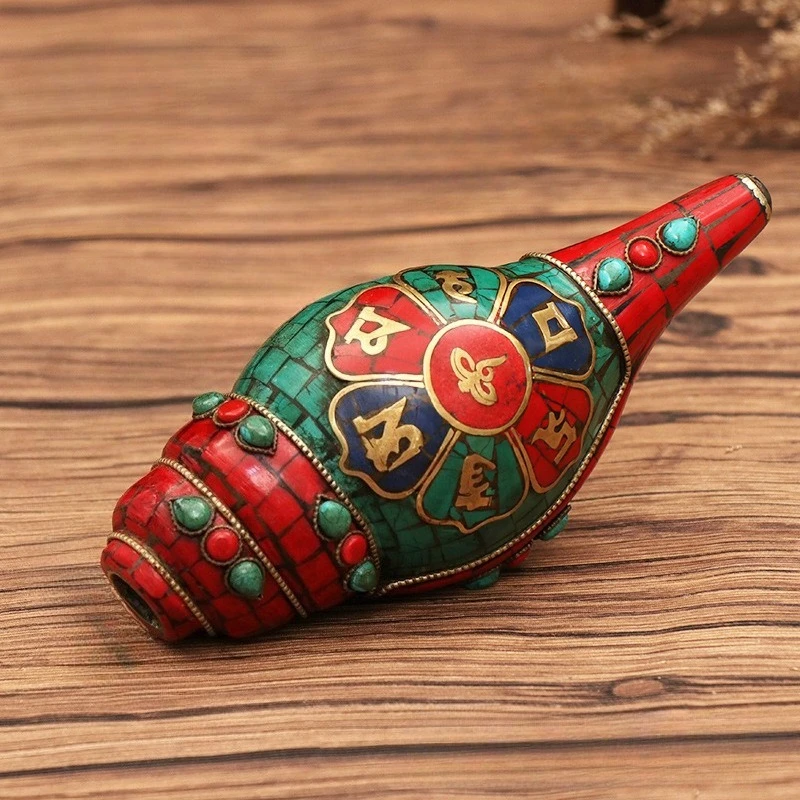 

Nepal Turquoise Conch Buddhism Shell Inlay Conch Manual Trumpet Horn Fallot Ceramics Painted Ornament Pendant Musical Instrument