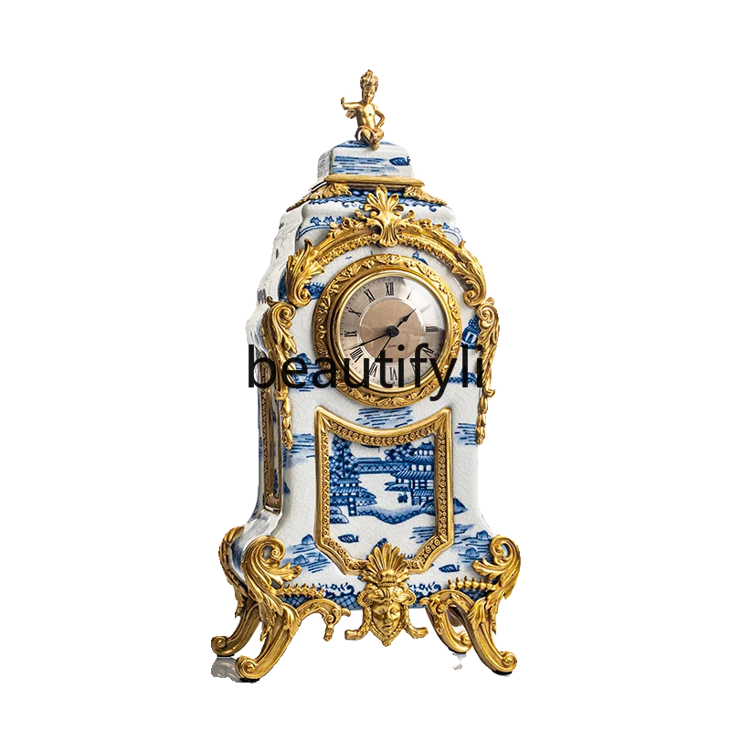 

Living room desktop creative high-end atmospheric clock soft decoration villa luxury ceramic inlaid copper ornament