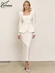 Oymimi-Conjunto elegante de 2 piezas para mujer, camisa de manga larga con cuello cuadrado y botones, falda Simple de cintura alta, color blanco