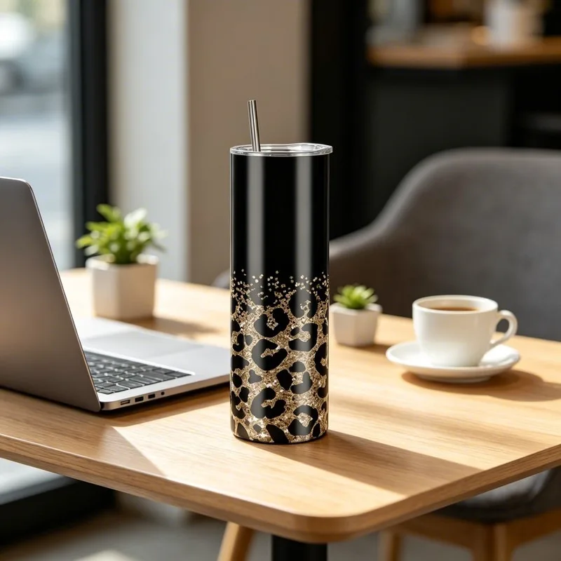 304 Stainless Steel Insulated Tumbler Gold Leopard Print Glitter Straight Vacuum Cup with Lid Straw Portable Travel