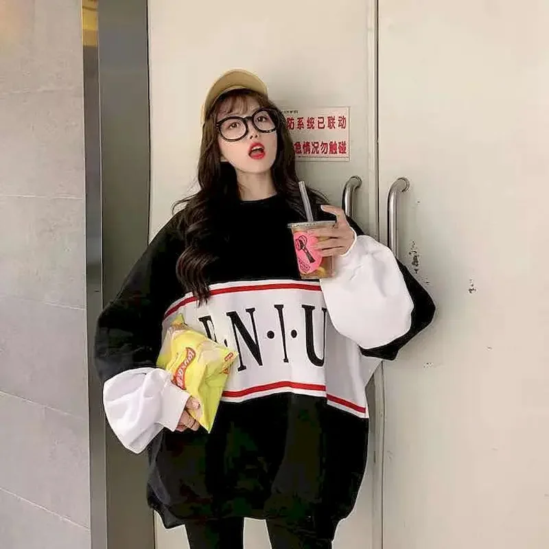 Casual Large Size Pullovers Women Autumn Winter Korean Loose Long Sleeve T Shirt Student Color Matching Plus Velvet Thick Coats