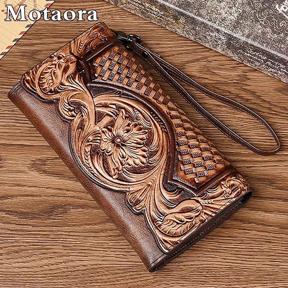 

Винтажный тисненый женский кошелек MOTAORA, длинные женские кошельки из натуральной кожи, Женский кошелек, органайзер, клатч с ремешком на руку