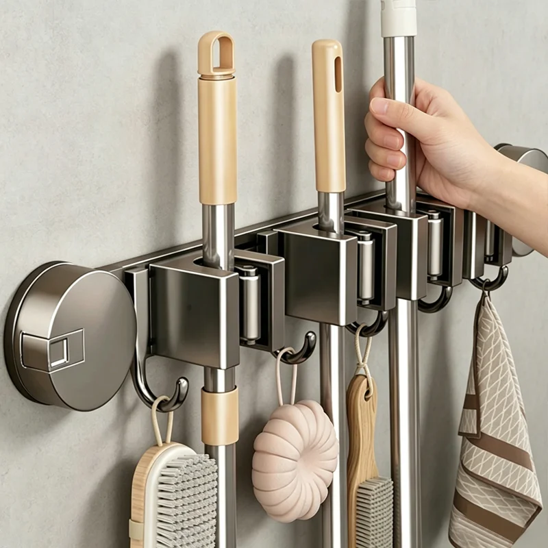 Suction Cup Bathroom No Drill Mop Holder Mop Clamp Shelf Wall-mounted Mop Rack