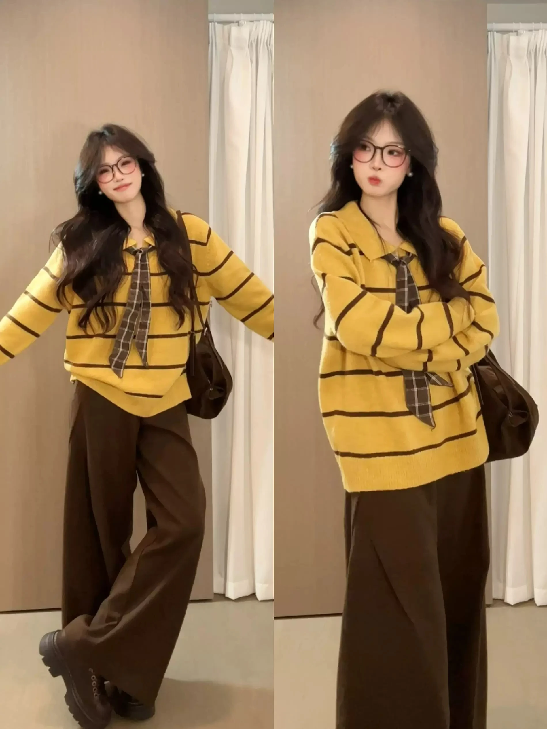 Yellow Thickened  Neck Striped Sweater Women's Loose Knitted Long Sleeve Pullover Autumn Winter Lazy Style Fashionable Ca...