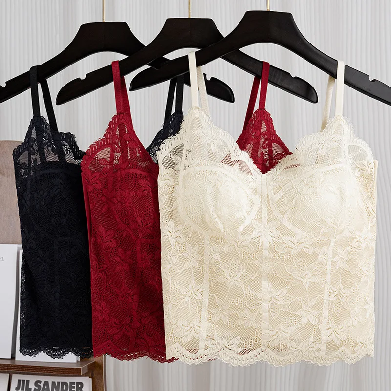 1 Stück Damen Spitzen-Trägertop, Unterhemd mit Polsterung, Sexy Tanktop, Mädchenmode im Französischen Stil