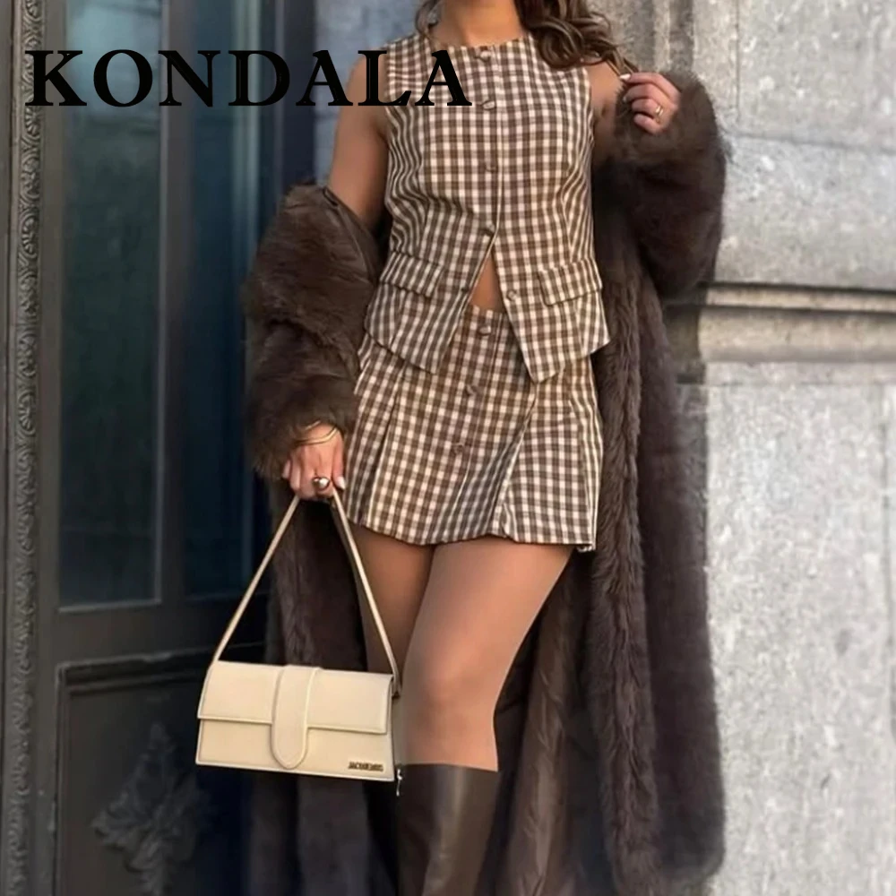 

KONDALA Fashion 2025 Summer Casual Streetwear Plaid Women‘s Suit O-Neck Short Vest+Zipper Mini Pleated Shorts Skirt Vintage Sets