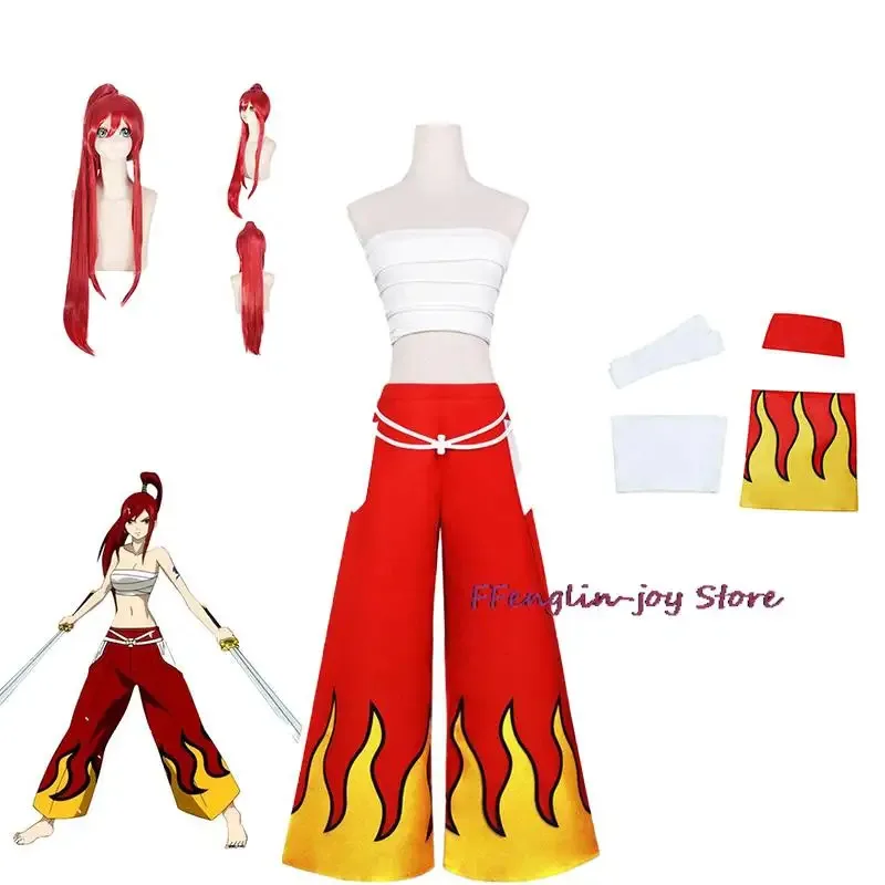 Cosplay de Anime para mujer, disfraz de Erza Scarlet de rol de Anime japonés, pantalones, Tops de tubo blancos, conjunto rojo fresco
