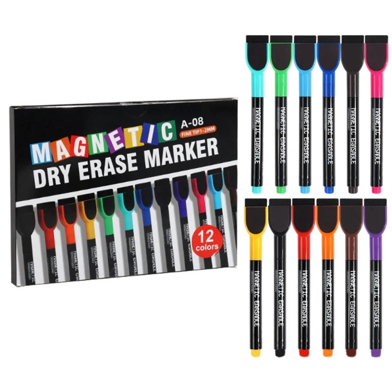 Marker Pen with Eraser, 12 Color Whiteboard Marker for School Office Whiteboards, Pin Board, Flipchart Marke