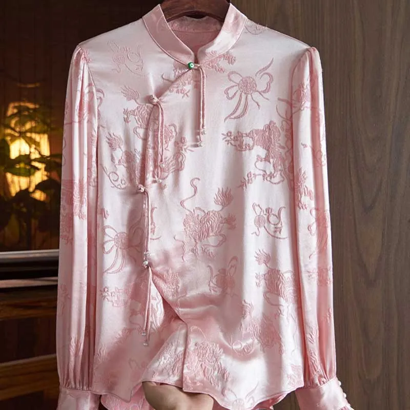 

Vintage Asymmetrical Chinese Style Satin Shirts Women's Clothing 2024 Spring New Loose All-match Tops Princess Sleeve Blouses