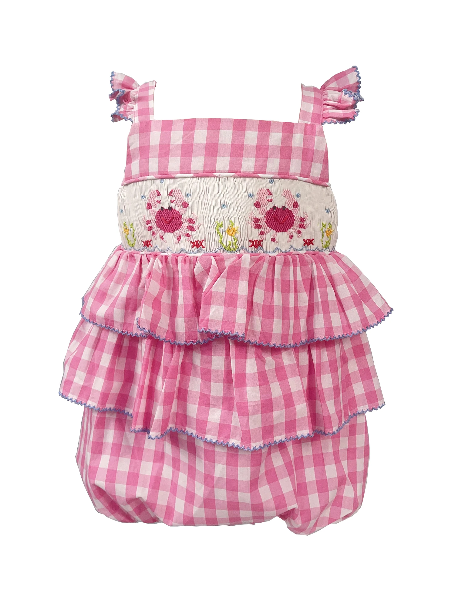 

Girls Handmade Smocking Bubble Crab Embroider Pink Plaid Cotton Wide Shoulder Strap Sling Flying Sleeves Set Cute Outfit Clothes