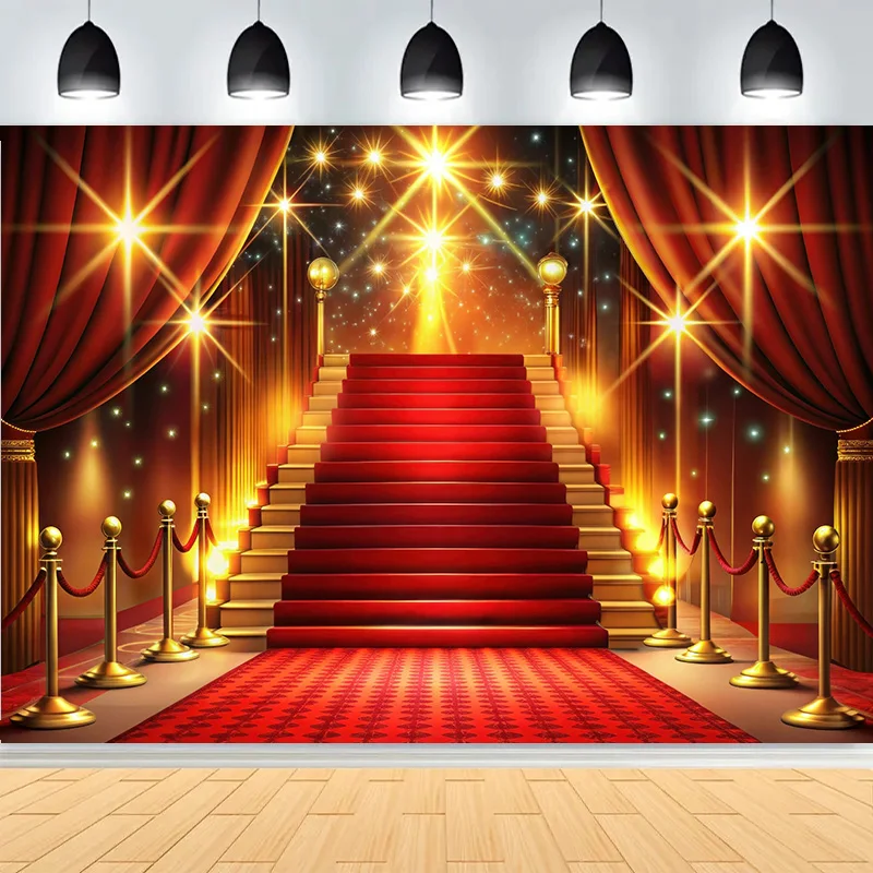 

Red Carpet Stage Shining Spotlights Photography Backdrops Stair Lighting Bollywood Golden Regal Awards Photo Background WT-02