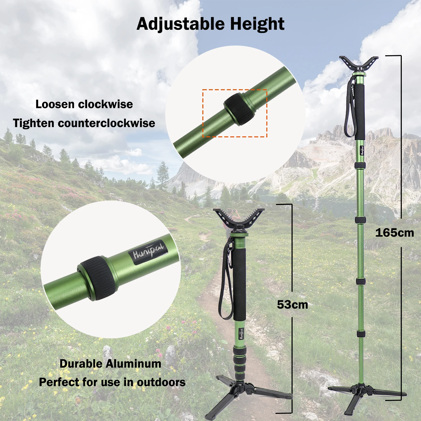 Aluminum Shooting Hunting Monopod Adjustable Green Shooting Stick Professional Gun Rest with V Yoke Holder for Hunting Outdoors