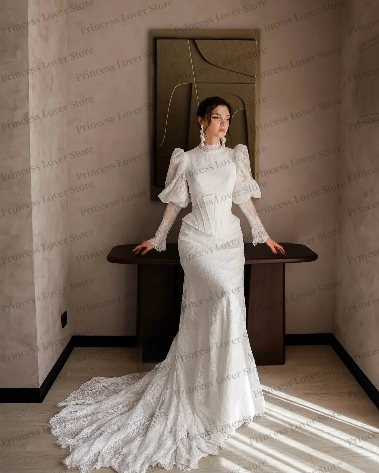 Arabic Long Sleeves Mermaid Wedding Dresses Corset Vestido de Novia Elegant Lace Second Reception Gown Customized