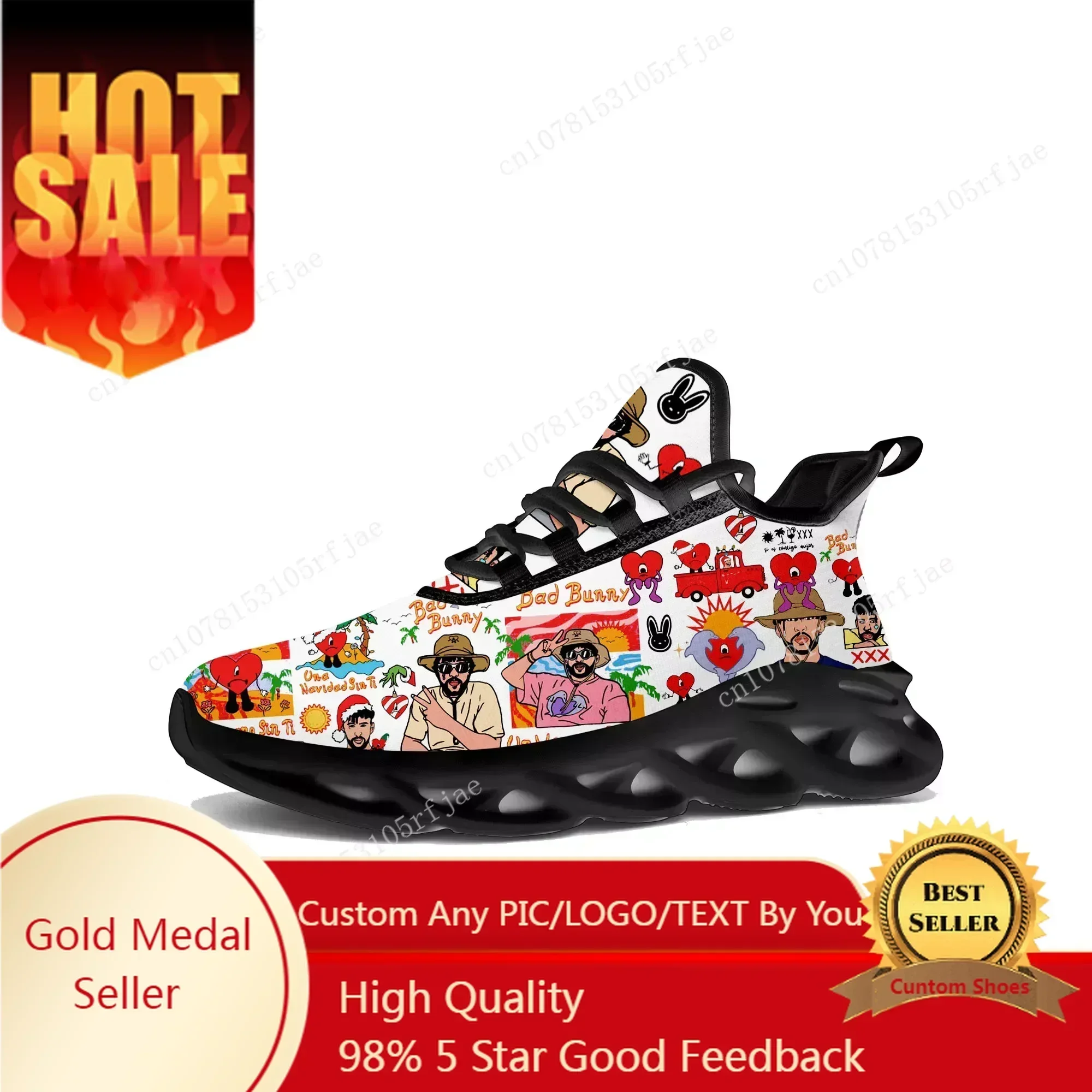 Zapatillas deportivas Bad Bunny para hombre y mujer, estilo hip hop, para correr, con cordones, de malla, calzado personalizado, color negro