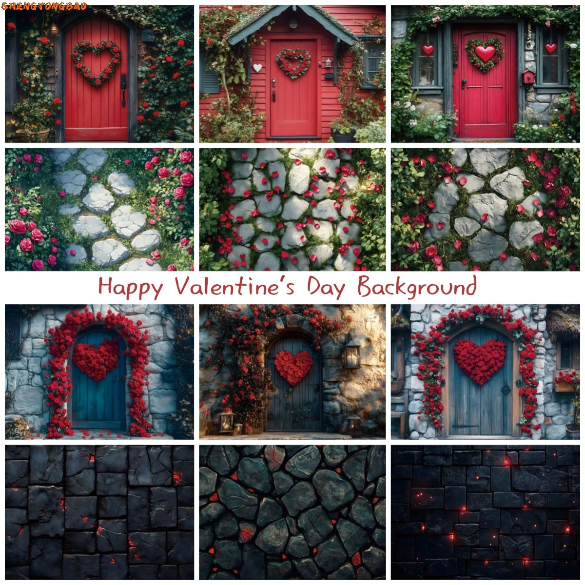 

Happy Valentine's Day Photography Backdrop Romantic Rose Flower Retro Wooden Door Stone Floor Art Portrait Decoration Background