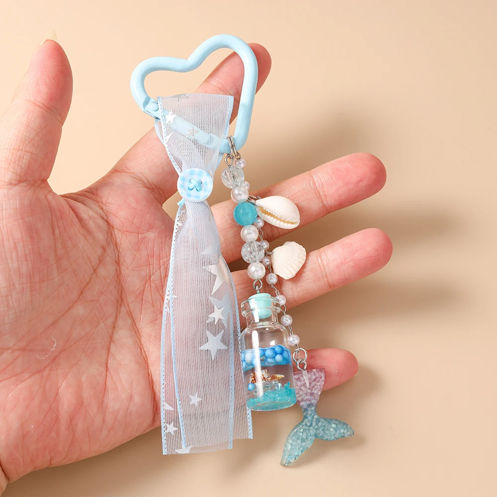 Modische handgefertigte Schlüsselanhänger mit Bändern, Fischschwanz-Muschel-Driftflaschen-Schlüsselanhänger für Frauen und Mädchen, Autoschlüssel, Handtaschen-Schlüsselanhänger, DIY-Geschenke – Detail 2