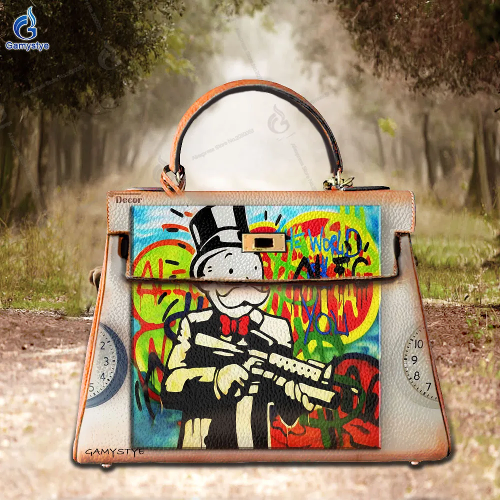 

Ladies Hand Bag Female Carteras Para Mujer De Moda Originales Hand-drawn cartoon graffiti print Real Cowskin Leather Hand Draw