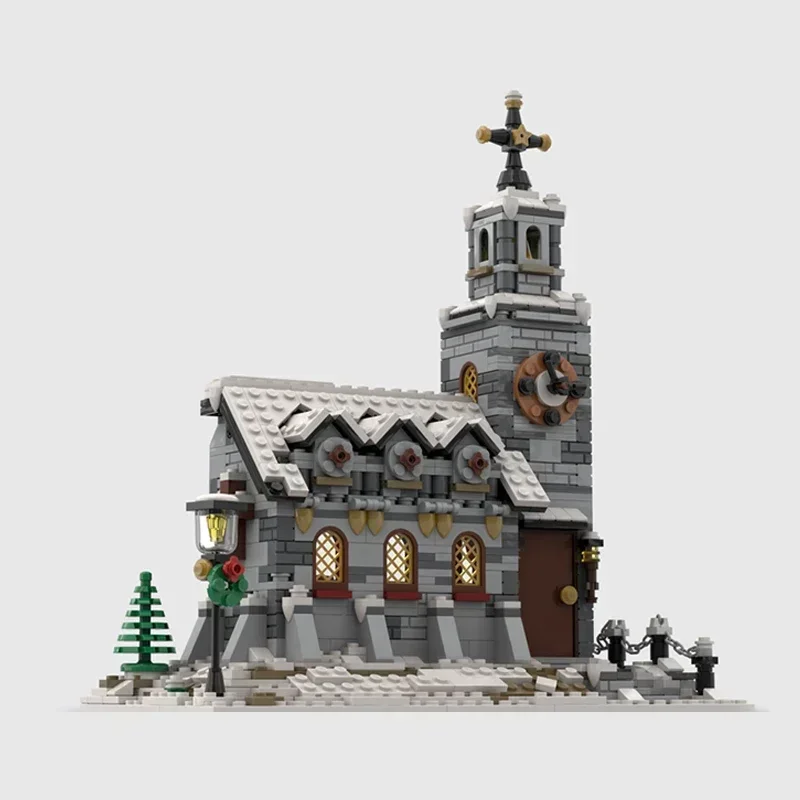 Bloques de construcción Moc, modelo con vista a la calle de ciudad, tecnología de la pequeña iglesia de invierno, bloques modulares, regalos, juguetes de Navidad, conjuntos DIY de montaje