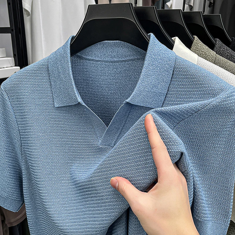 

100% Lyocell Men's Polo Shirt Summer New Style Refreshing Casual Solid Color Knitted Short Sleeve T-Shirt