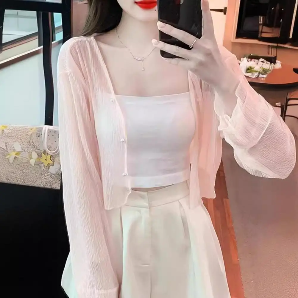 レディースサマーファッショントップ、スタイリッシュな女性用メッシュシアーサンジャケット、UVカットボタンダウン長袖サンシャツ