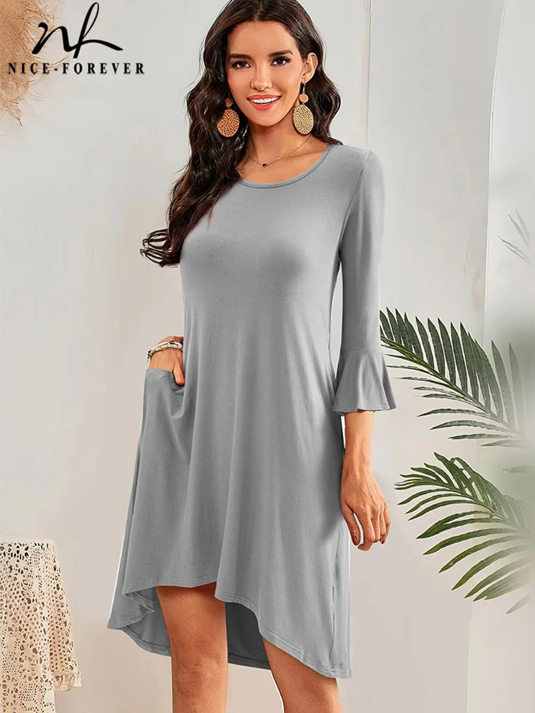 Nice-forever Summer Women Fashion Flare Sleeve Pure Color Dresses Casual Loose Stright Day Dress A236