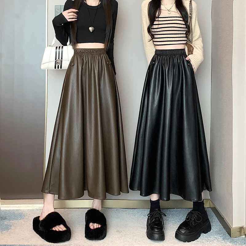 Women Fashion PU Leather Skirt Vintage Pocket High Waist Mid-Length Skirt Solid Loose A-line Skirt Streetwear Autumn/Winter TRAF