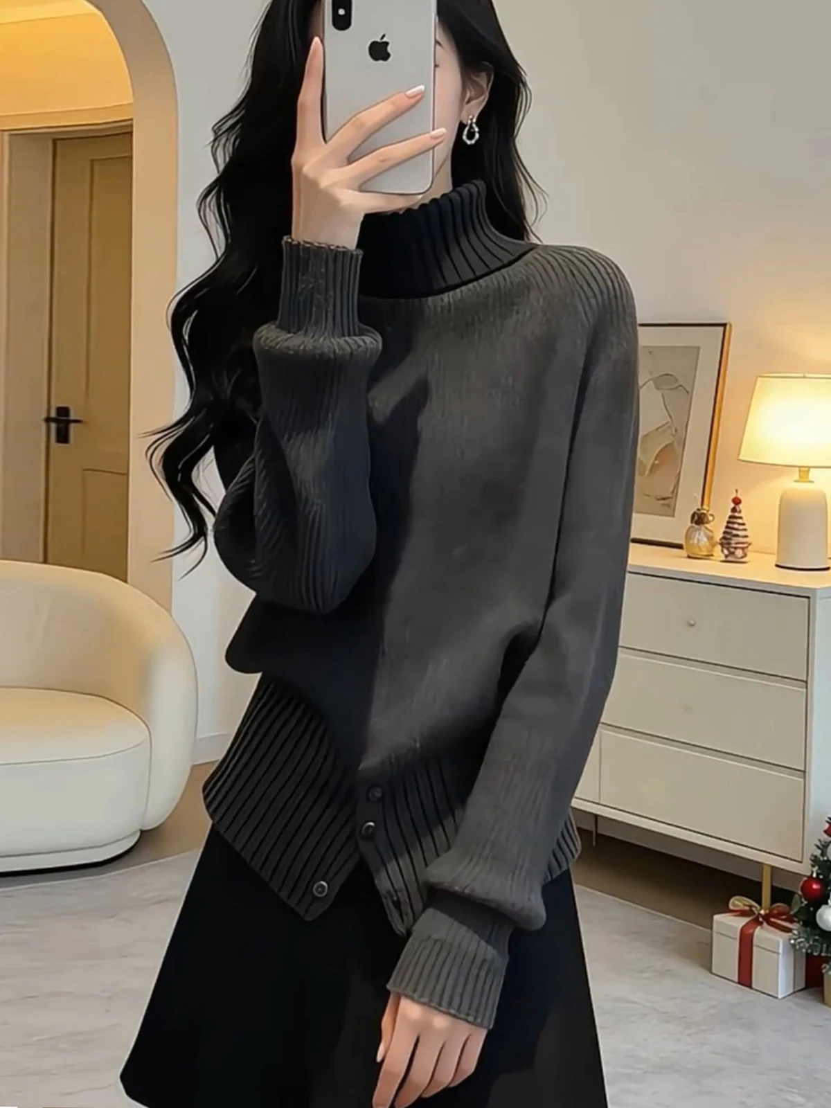 

Ele High Ne Lazy Sle Women's Sweater Deep ey Waist Cinching Design Knitted Top Casual Faion Korean Version
