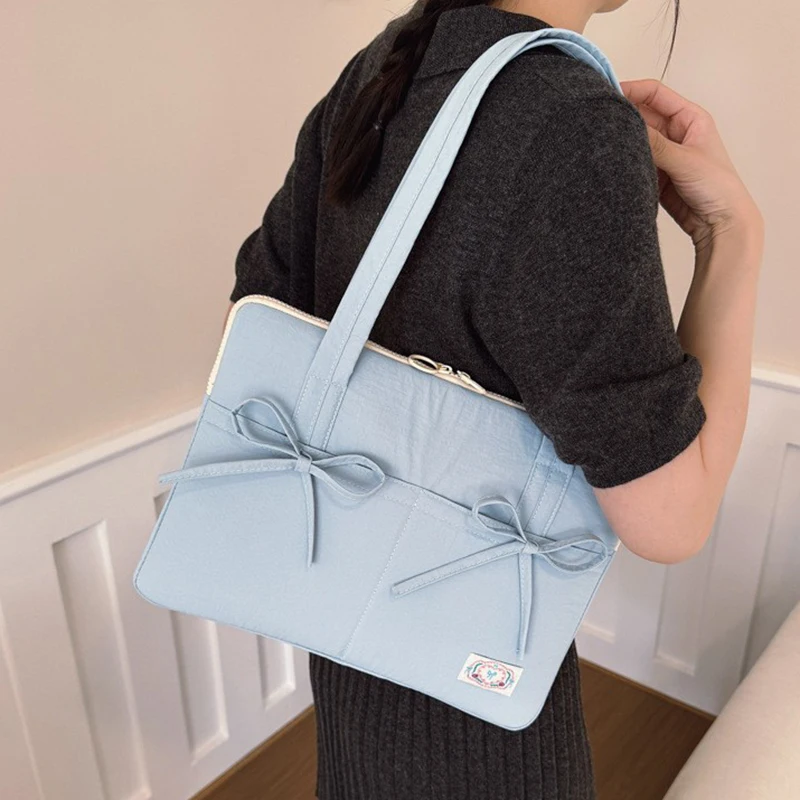 Mulheres coreanas 14in à prova de choque bolsa para portátil cor sólida arco macio zíper macbook caso casual moda simples bolsas quadradas