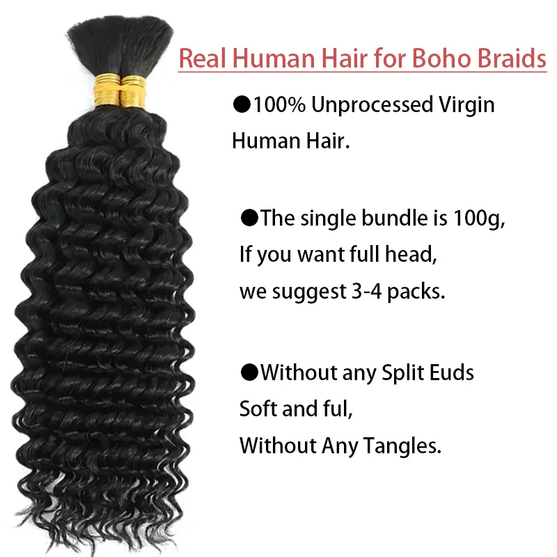 100%天然黒人バージンヘア、ボヘミアンブレイズエクステ用バルク、30インチディープウェーブカーリーヘアバンドル、ウォーターウェーブ、ノーウェフトヘア
