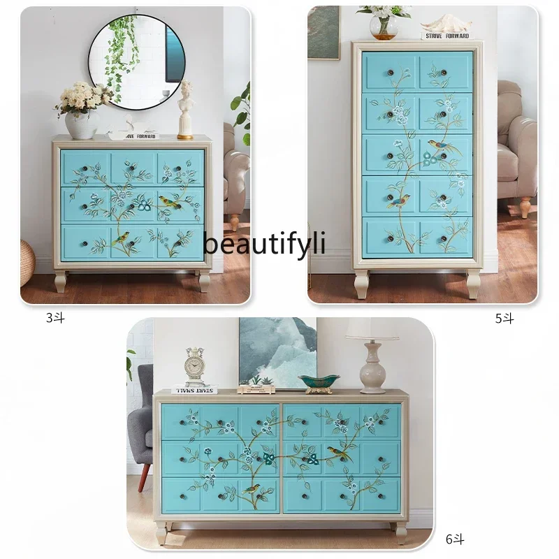 

L Medieval style painted chest cabinet solid wood porch cabinet bedroom diner foyer three drawers storage side cabinet