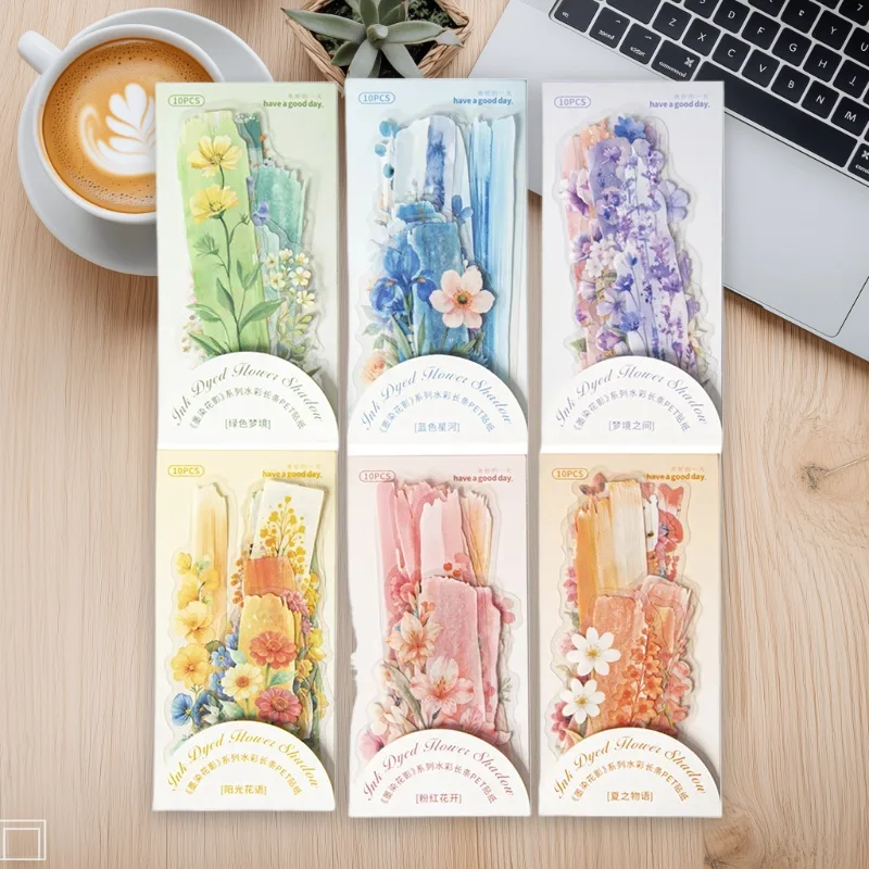 1pack/3pack 6 Styles Watercolor Long Strip PET Stickers Ink Stained Flower Shadow Series Vintage Plant  Flower Materials