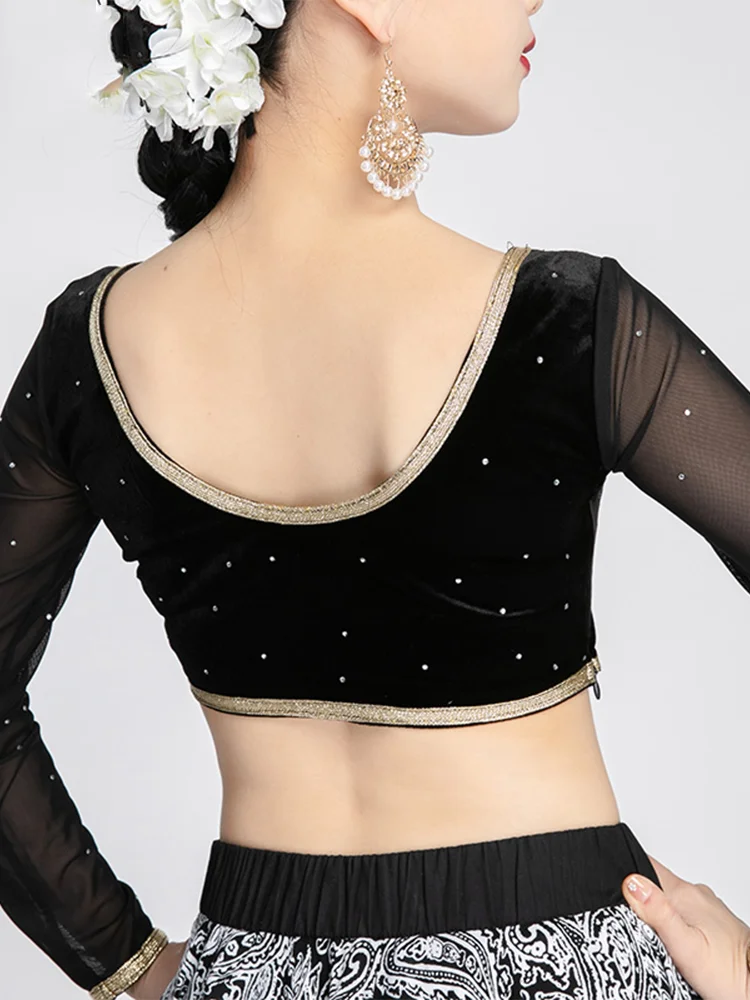 인도 여성 볼리우드 댄스 무대 공연 탑 긴 소매 블랙 메쉬 벨리 댄스 셔츠 오리엔탈 댄스 의상 DQL12132