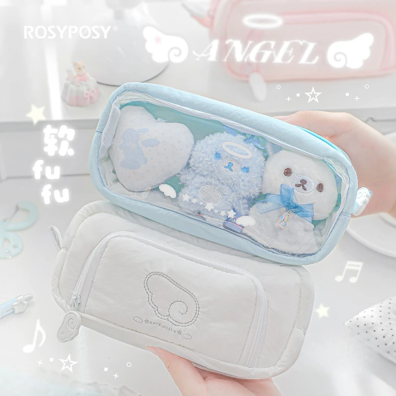 INS Sweet Wings Pencil Case for Kids Girl Soft Embroidery Clear Windows Stationery Organizer Large Capacity Bag Back To School