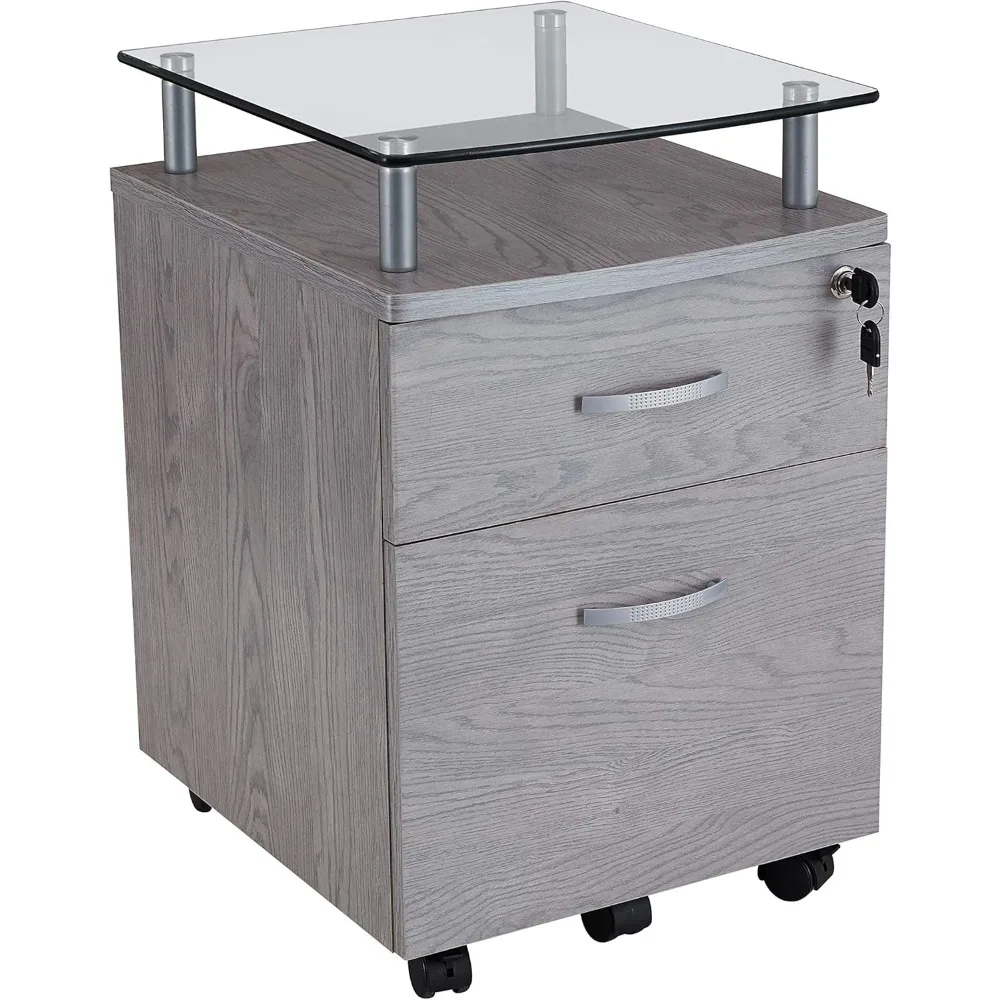 

2-Drawer Rolling File Cabinet with Lock and Glass Top, Under Desk File Cabinet with Wheels, Printer Stand, Grey