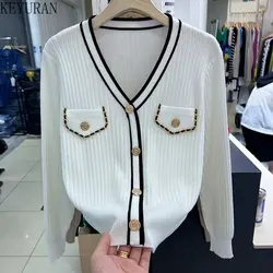 2024 Autumn New Chain Button V-neck Knitted Cropped Cardigan Women's Korean Style Long Sleeve Top Single Breasted Sweater Coat