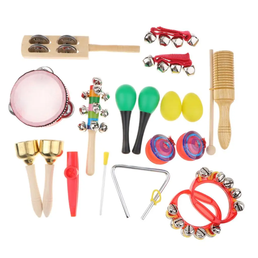 Musical Instruments 18 pcs 12 in 1 Music Rhythm Percussion Toy Set Educational Toy for Kids Tambourine Claves Handbell Set Bag