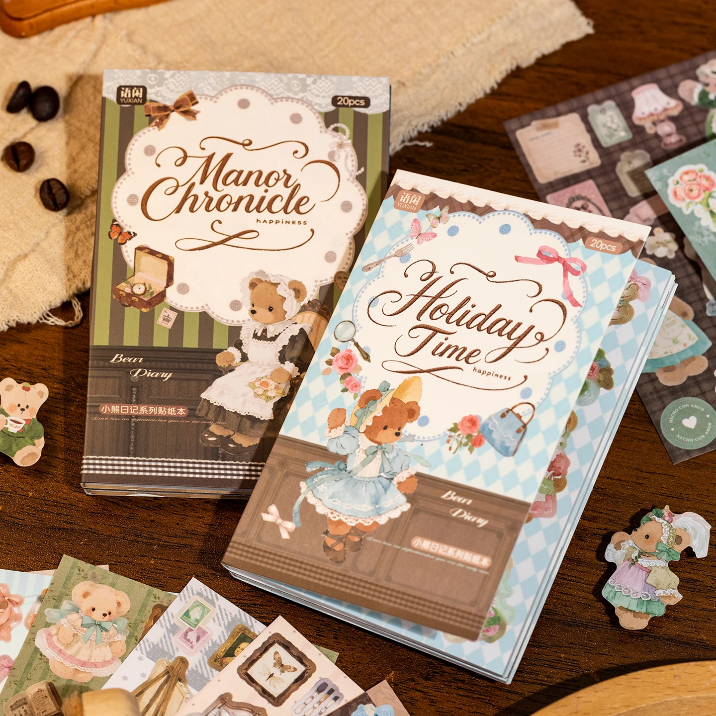 20Pcs Vintage Lace Bear Coated Paper Sticker Book, Cottagecore Maid Teddy Ephemera Stickers for Junk Journal Collage