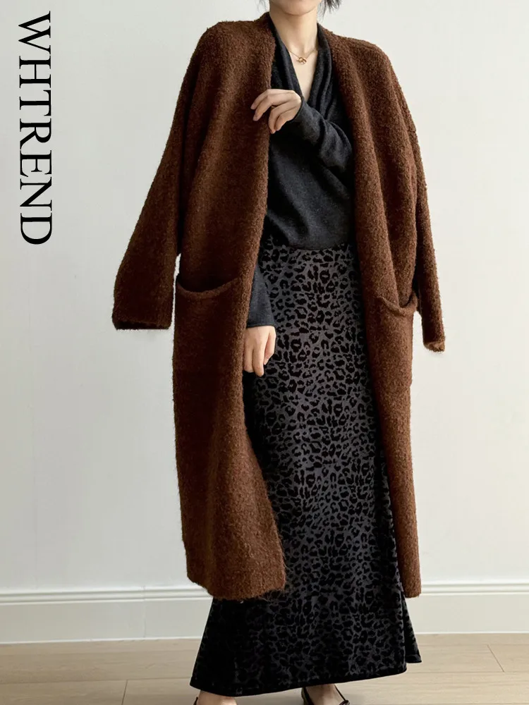 

WHTREND Soft Wool Knitted Long Cardigan For Women Autumn Winter Korean Style Loose Sweater Coat With Pockets WH1865