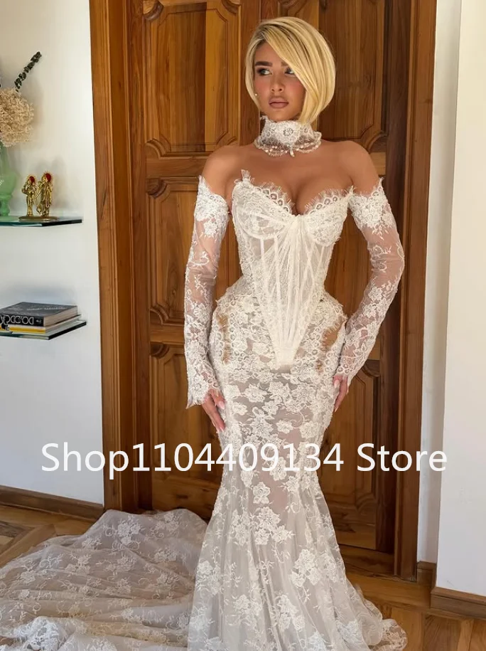 Sirène jardin robes de mariée civile avec enlever à manches longues dentelle haut Corset sans bretelles robe de mariée personnalisé vestido de noiva