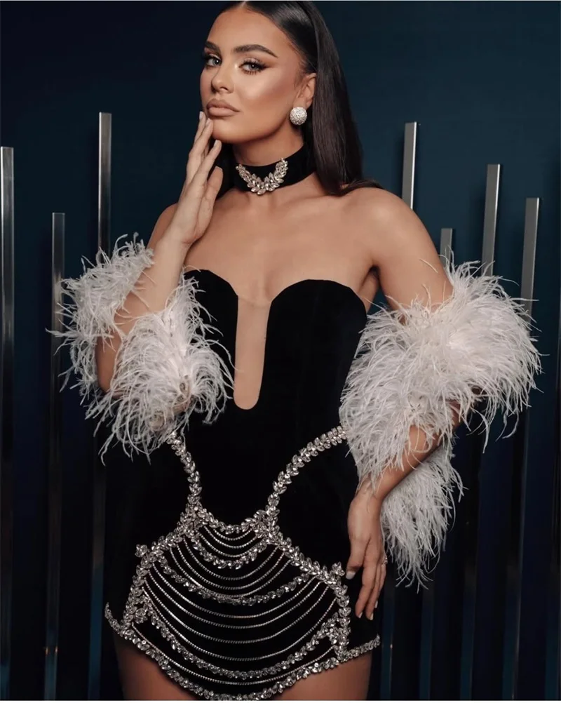 

Black Bandage Women Prom Dress With Necklace Crystals Sexy Sleeveless Short Mini Banquet Party Gown Formal Prom Birthday Robe