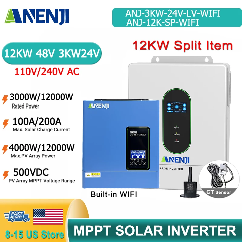 

ANENJI 12KW 48V 110V/230V Разделенный фазовый инвертор 3KW 24V Гибридный солнечный инвертор вкл/выкл MPPT 200A 100A Чистая синусоида с Wi-Fi