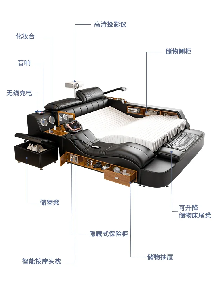 Black technology intelligent leather bed, modern, simple and atmospheric double bed, master bedroom electric massage function