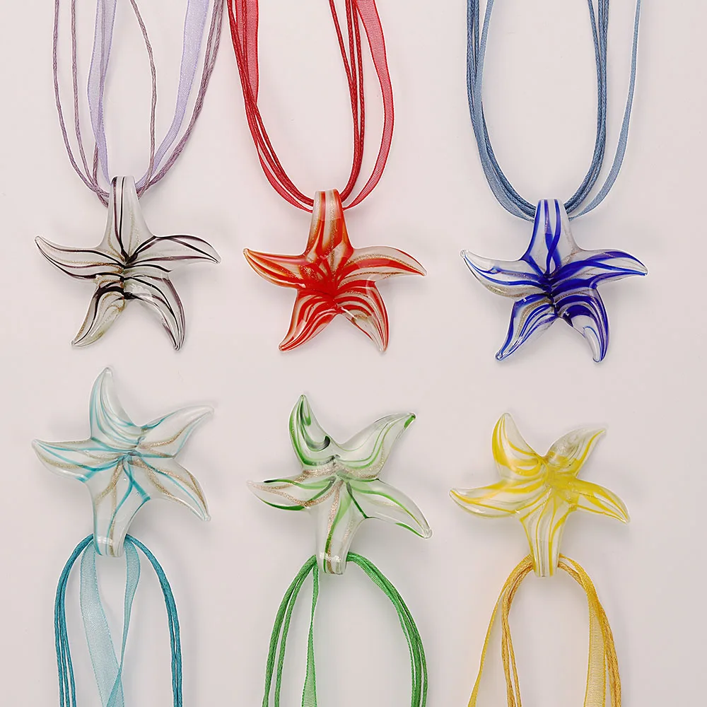 Wholesale 6Pcs Four Styles Handmade Murano Lampwork Glass Mixed Colorful Exquisite Starfish Pendants Charms Cord Necklaces